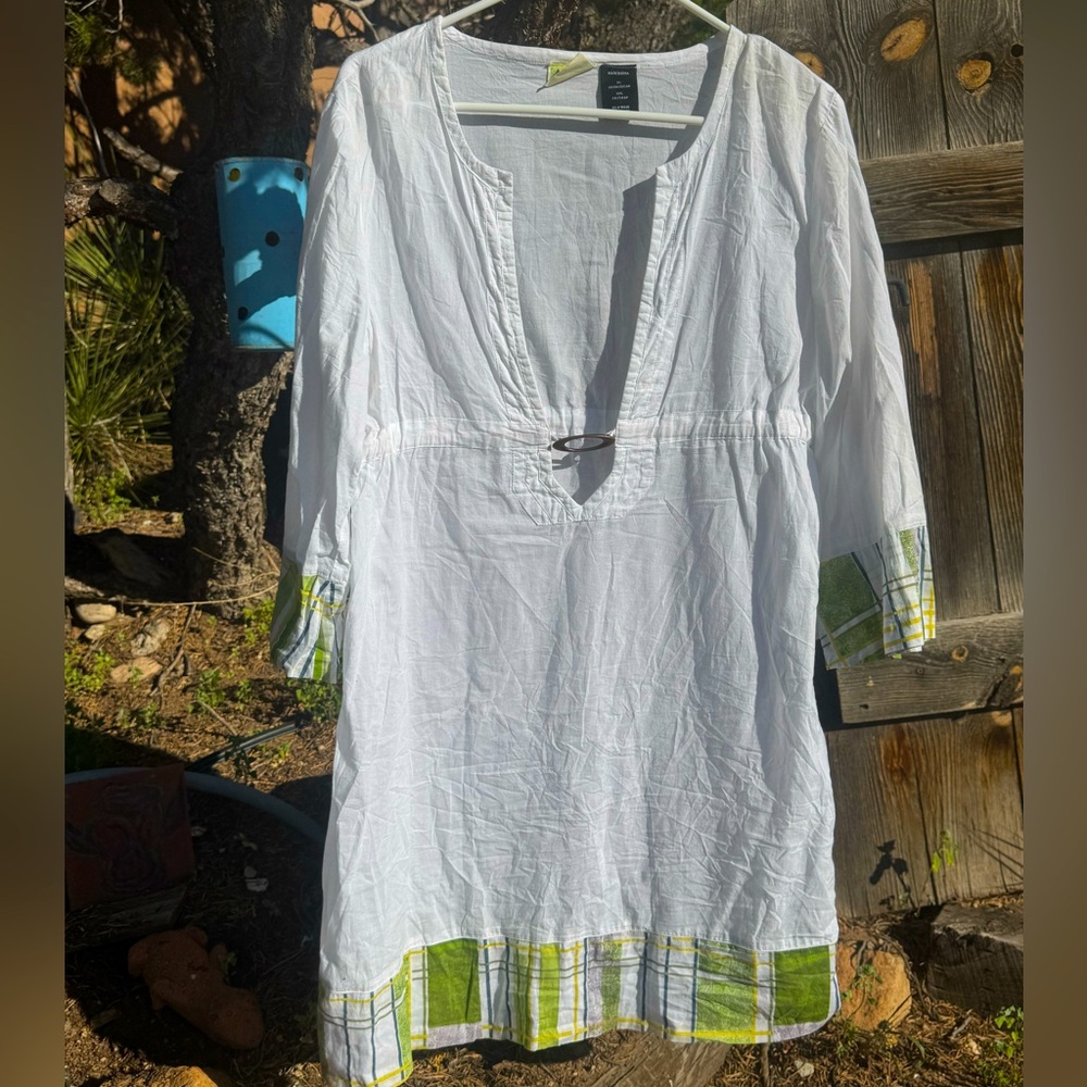 Unique White Long Cotton Shirt with Green Band on the bottom
